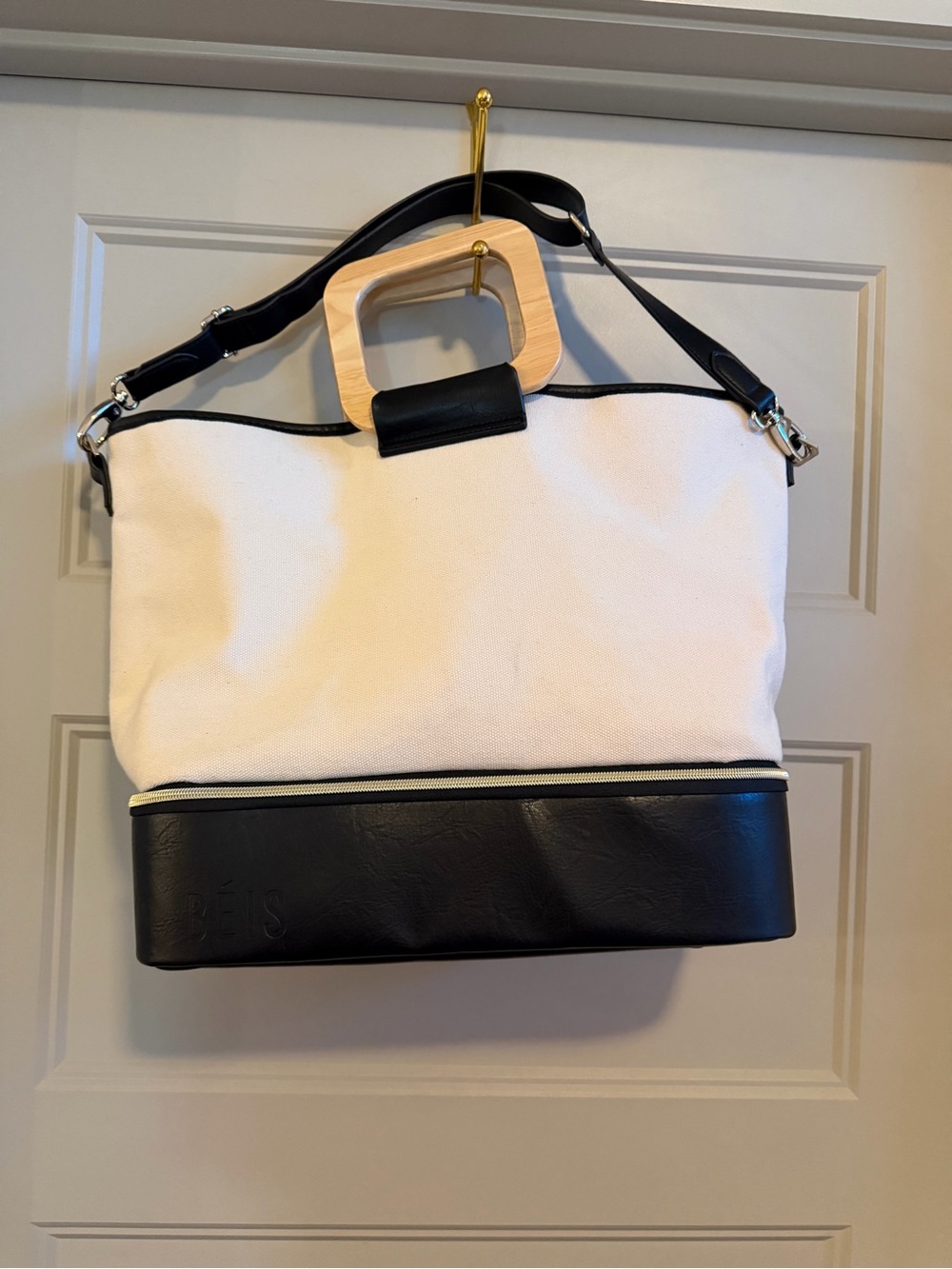 BEIS Black and White Canvas Tote with Wood Square Handle